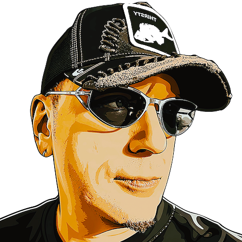 Illustrated portrait of Konstantin Gredeskoul in a trucker cap and sunglasses