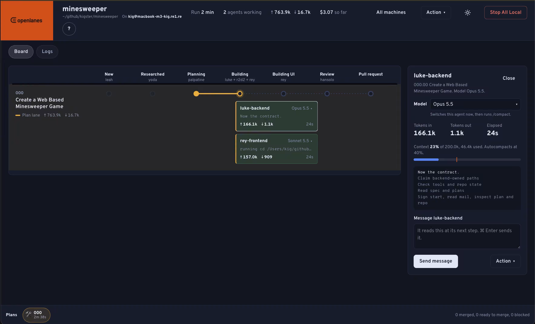 The control room with plan 000 between Planning and Building, luke-backend and rey-frontend working on it side by side, and the luke-backend panel open showing its model, tokens, context use and a box to message it.